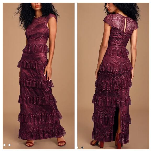 Lulu's Dresses & Skirts - Lulus Romantic Daydreamer Burgundy Lace Tiered Maxi Dress